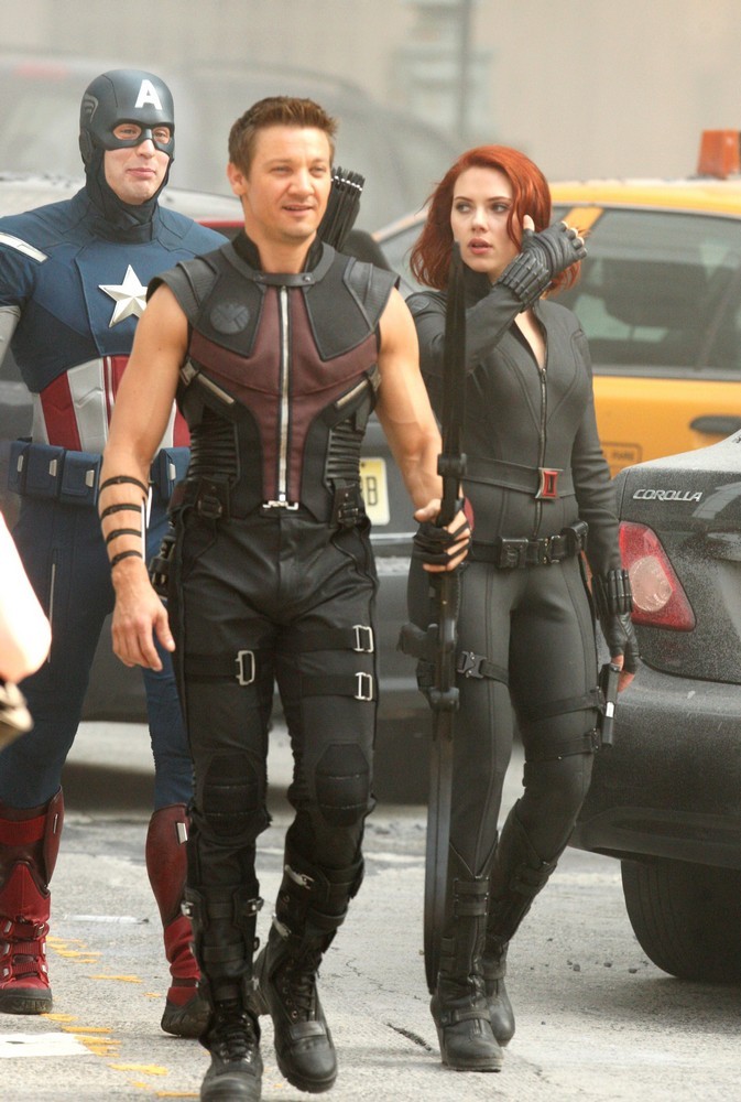 Chris Evans, Jeremy Renner, Scarlett Johansson<br>On The Film Set of The Avengers