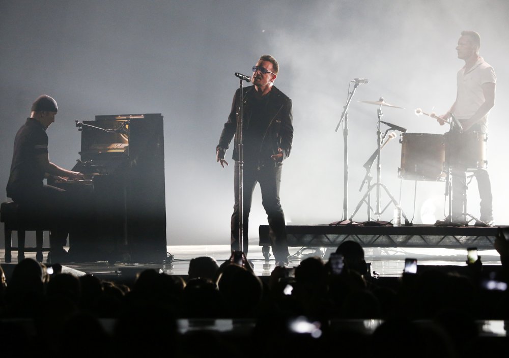 The Edge;Bono;Larry Mullen Jr.;U2;<br>MTV Europe Music Awards 2014 - Performances