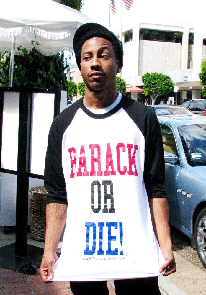 Brandon T. Jackson;<br>Brandon T. Jackson outside The Ivy restaurant wearing a 'Barak or Die' t-shirt