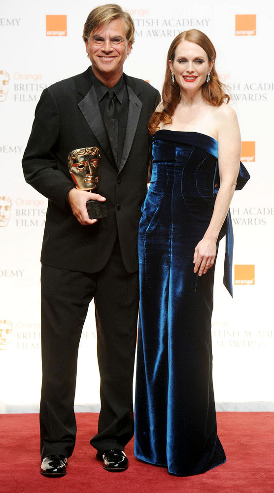 Aaron Sorkin;Julianne Moore;<br>2011 Orange British Academy Film Awards (BAFTAs) - Press Room