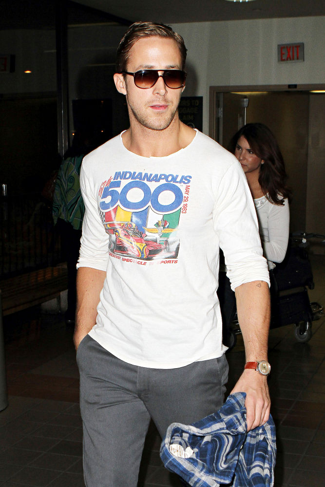 Ryan Gosling;<br>Ryan Gosling Arriving at LAX Airport Sporting An Indy 500 Print Shirt